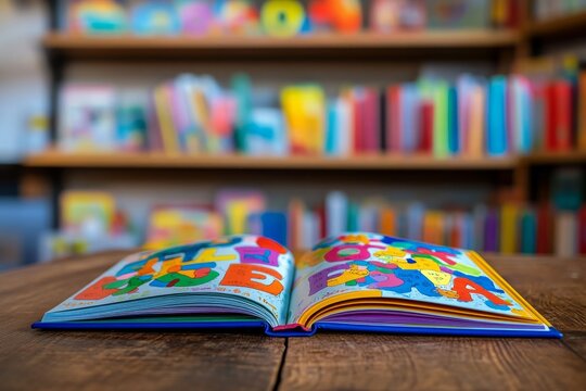 An open children's book features bright illustrations and colorful letters, inviting young readers in a warm, cozy environment filled with books