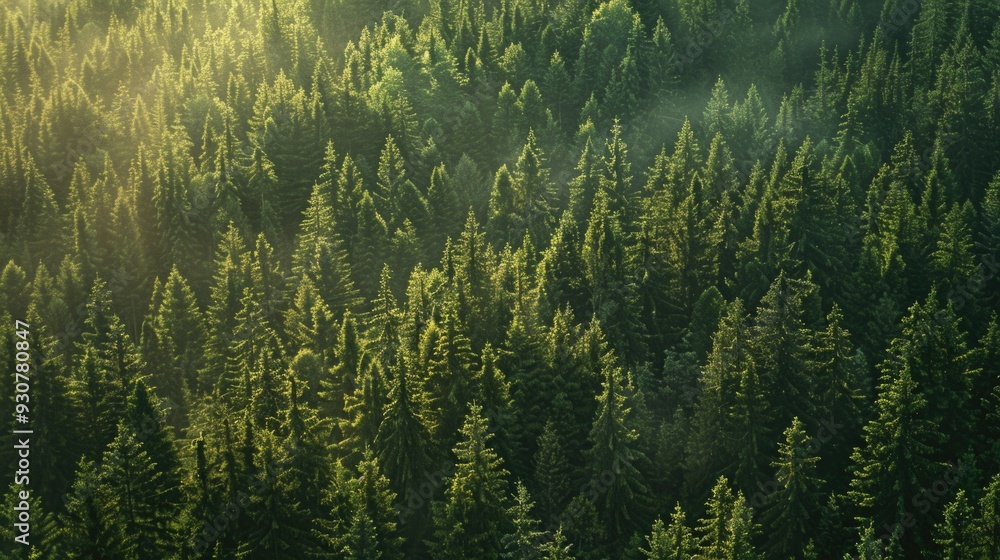 Poster aerial view of a dense forest with tall pine trees