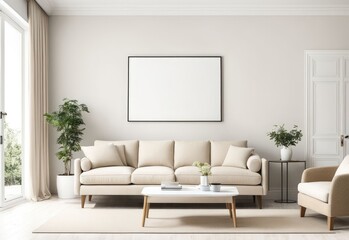 Beige sofa in the white living room with copy room