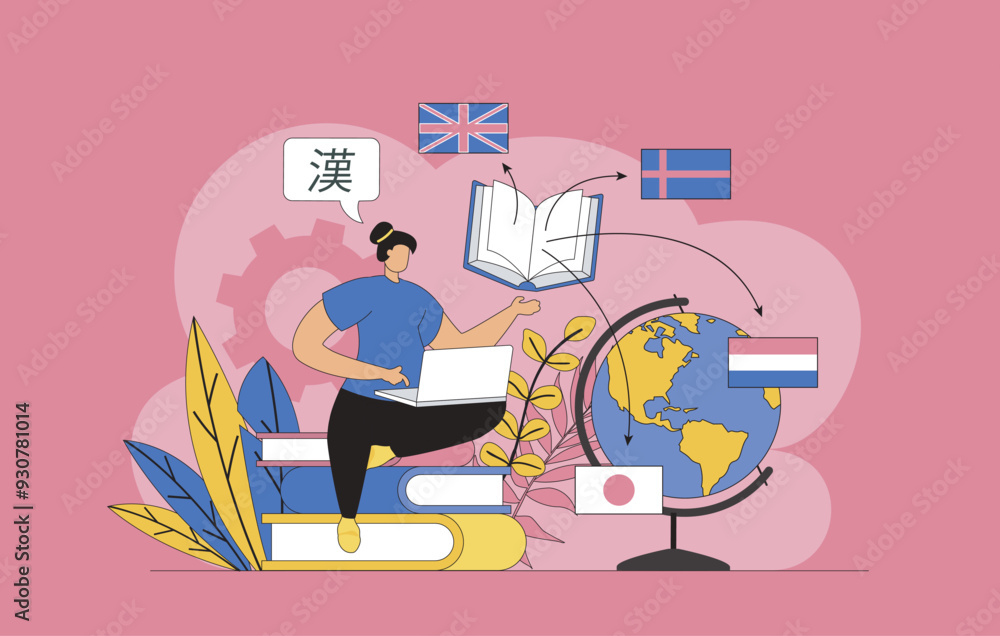 Aufkleber Language courses concept with modern flat design for web. Woman studies online and learning foreign languages, speaking with native speakers at international network classes. Vector illustration.