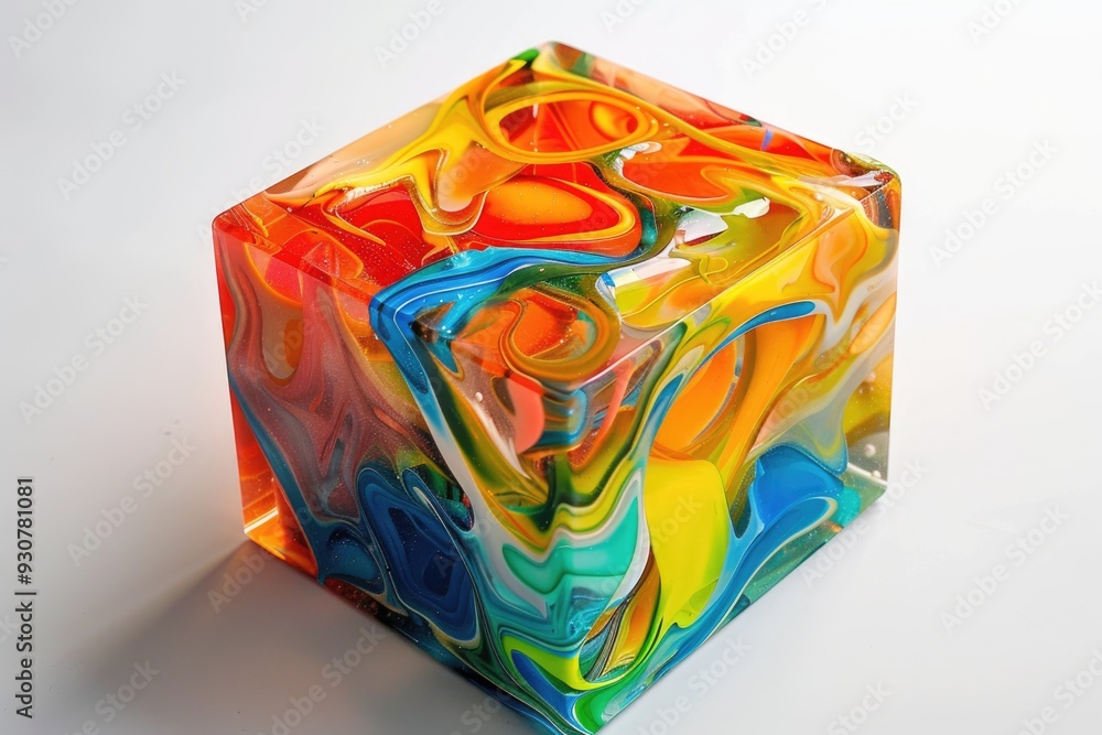 Poster a colorful glass block perched on a table, perfect for decorative use or as a prop in still life pho