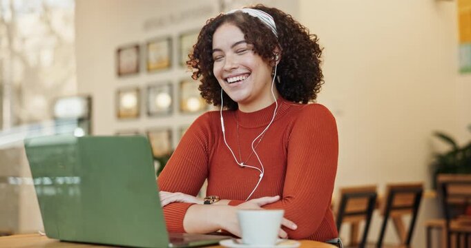 Video call, laptop and girl laughing in cafe for remote work opportunity, funny joke or virtual meeting. Happy woman, entrepreneur or freelancer in earphones talking in job interview in coffee shop