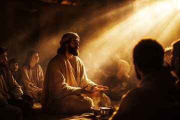 Fototapeta premium Jesus appears to his disciples in a tranquil setting, sharing wisdom as soft sunlight highlights the moment of connection and contemplation