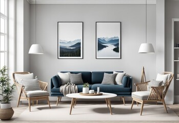 Fototapeta premium 3d rendering of framed mockup of apartment interior with chairs and decorations