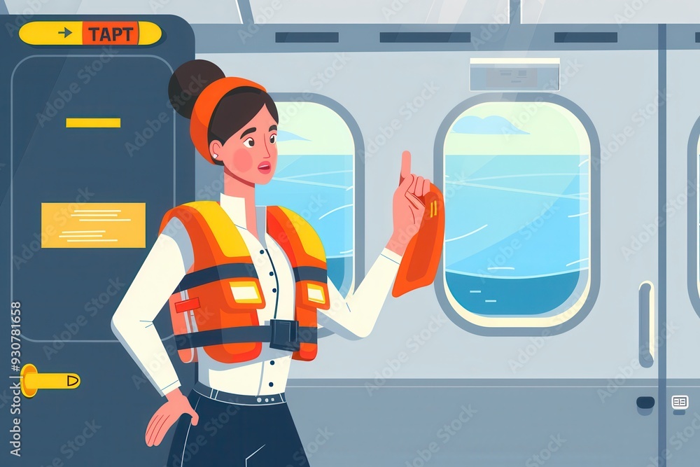 Poster a flight attendant illustrates safety measures while standing by a cabin window, preparing passenger