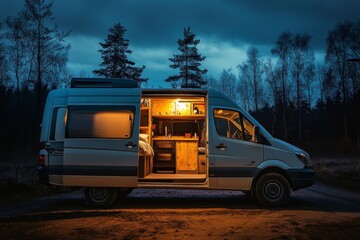An unoccupied van stands with side doors ajar, showcasing a tidy, illuminated interior against a tranquil twilight backdrop