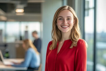A young woman wearing a vibrant red blouse stands confidently in the center of a contemporary office, smiling warmly as colleagues work in the background