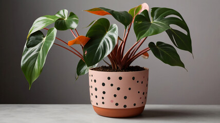 Fototapeta premium Philodendron Pink Princess in an elegant pot, dark green leaves with striking pink spots, simple white pot