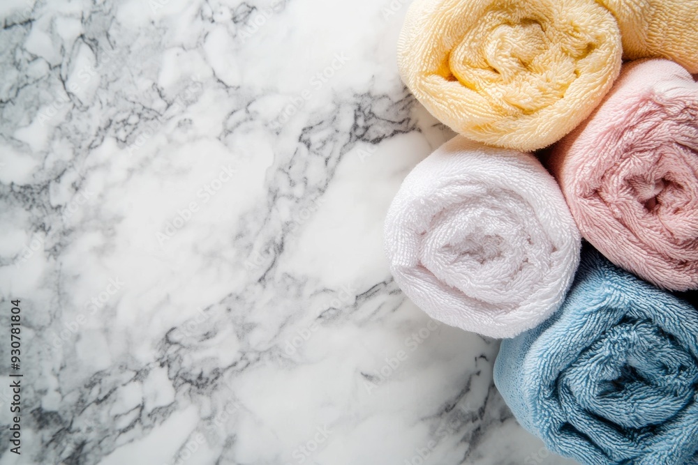 Poster soft pastel-colored towels are artfully arranged in a neat stack, resting on a sleek marble surface 