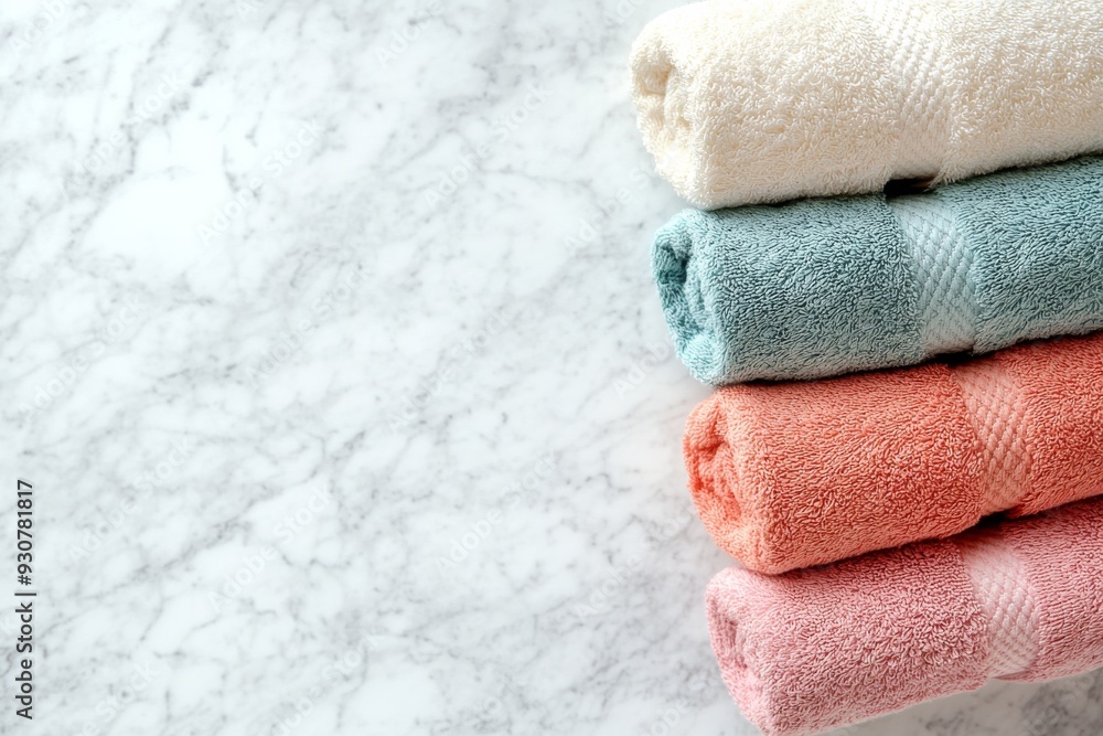 Poster A neatly arranged stack of soft pastel colored towels rests on a smooth marble surface, adding a touch of elegance to the space