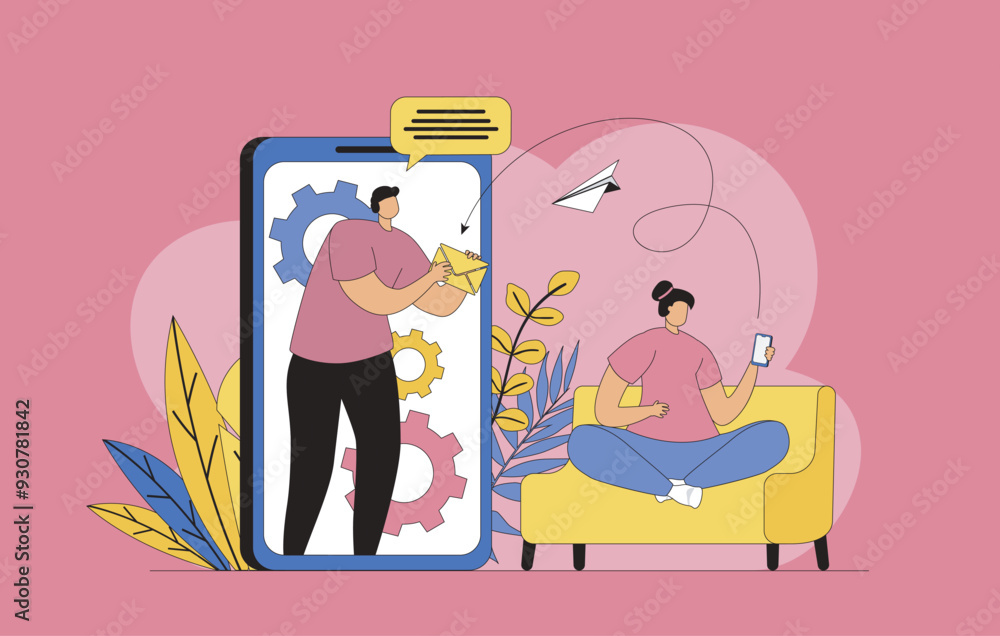 Aufkleber mobile email service concept with modern flat design for web. woman writing new digital letter and s
