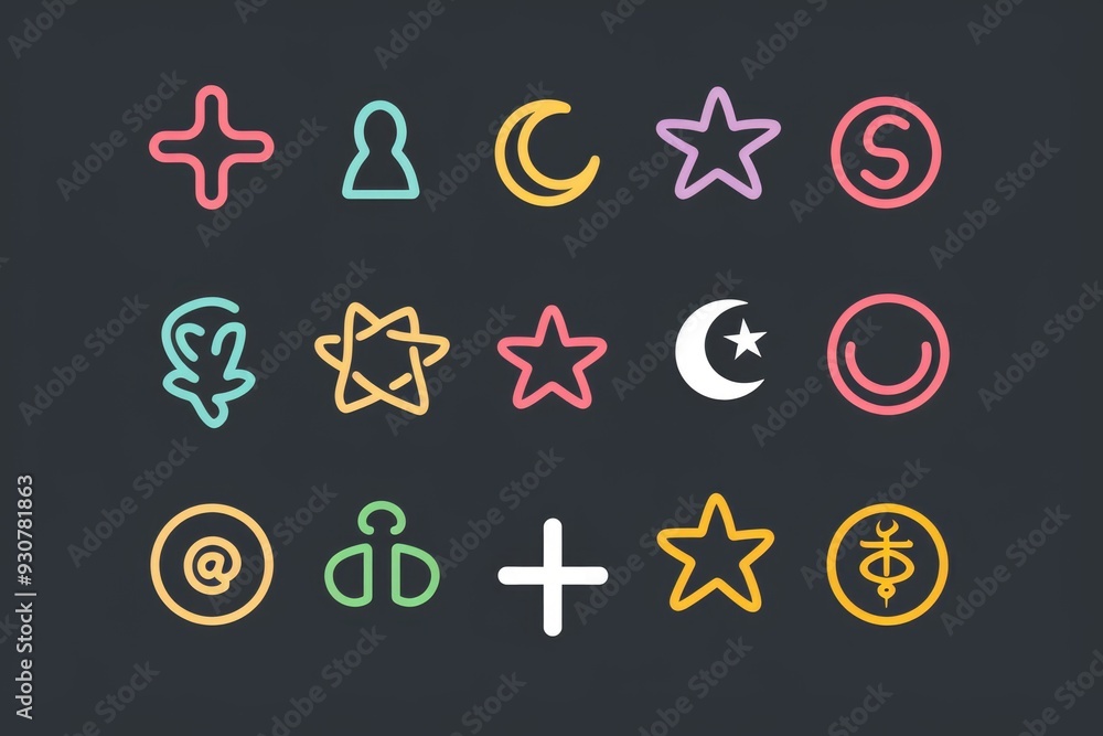 Poster A set of colorful symbols arranged on a dark background, suitable for use in presentations or designs