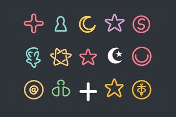 A set of colorful symbols arranged on a dark background, suitable for use in presentations or designs
