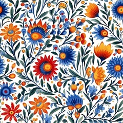 A vibrant floral pattern featuring various colorful flowers and leaves on a white background.
