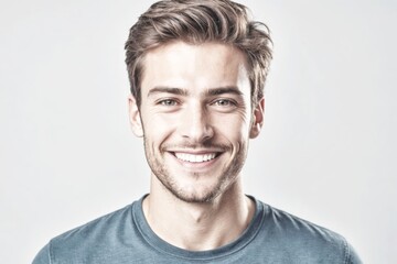 Fototapeta premium portrait of a handsome young man smiling at camera, isolated on gray