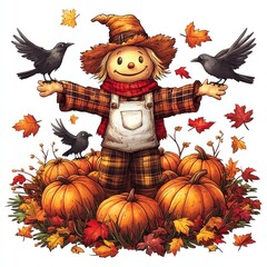 Fototapeta premium Friendly Scarecrow with Pumpkins and Birds