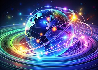 Obraz premium Vibrant digital illustration of glowing fiber optic cables and swirling circular patterns, representing the fast-paced and interconnected world of the internet.
