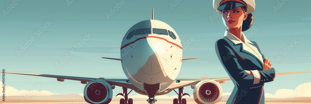 Poster a flight attendant poses confidently in front of an airplane, embodying professionalism and readines