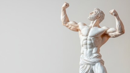 A powerful white marble statue of a muscular man flexing, symbolizing strength and confidence against a minimalist background.