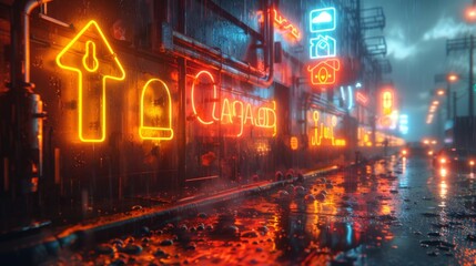 Produce a neon set of climate adaptation symbols, including illuminated