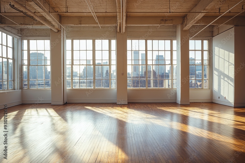 Poster sunlight streams through large windows, illuminating the empty loft space with high ceilings and pol