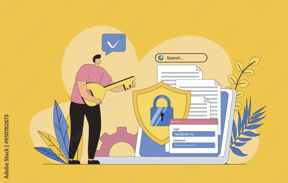 Poster network security concept with modern flat design for web. man using secure login and key to personal
