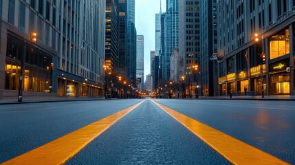 Obraz premium A stunning city street view featuring skyscrapers and glowing streetlights during twilight, creating an inviting urban atmosphere.