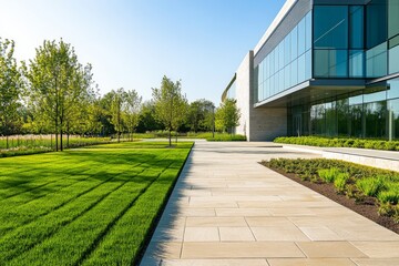 A modern office building stands prominently, surrounded by manicured lawns and geometric landscaping under clear blue skies