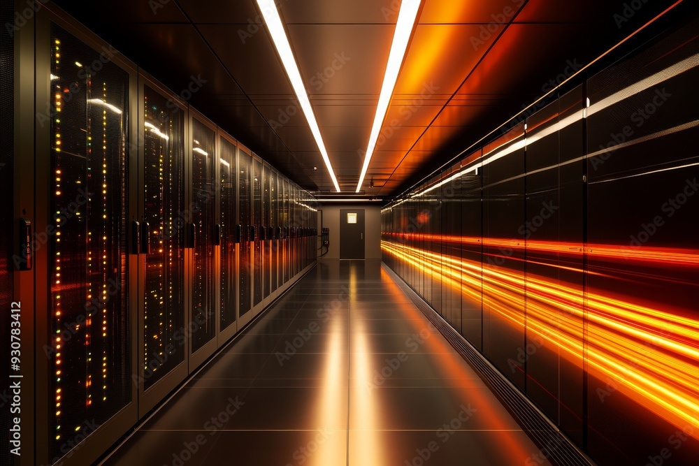 Poster illuminated server racks line a narrow corridor in a modern data center, highlighting the stunning a