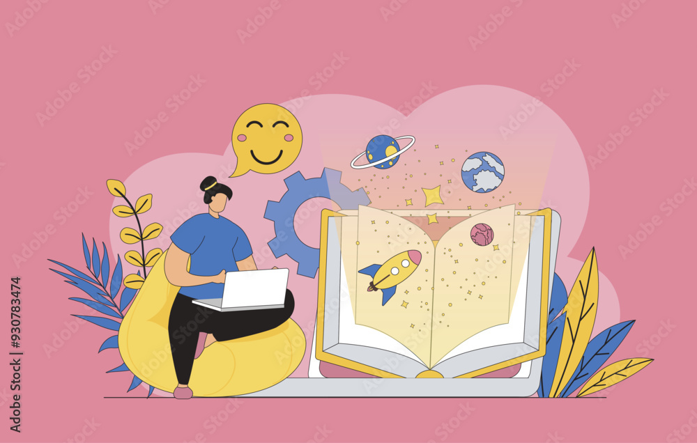 Poster online reading concept with modern flat design for web. woman reading e-books on laptop, learning wi