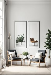 3d rendering of a framed mockup in a living room with Scandinavian style chairs and decorations