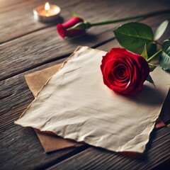 Red Rose on Vintage Paper with Candle, Romantic Love Letter Setting