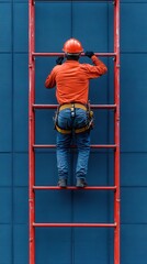 A worker in an orange shirt climbs a red ladder against a blue wall, emphasizing safety and hard work in construction.