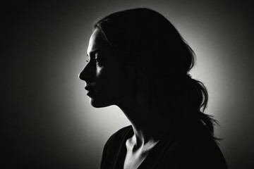 sad woman profile silhouette in dark, monochrome image