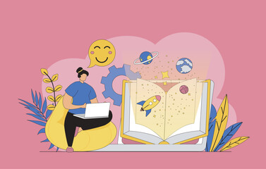 Online reading concept with modern flat design for web. Woman reading e-books on laptop, learning with digital textbook, enjoying literature and getting internet information. Vector illustration.