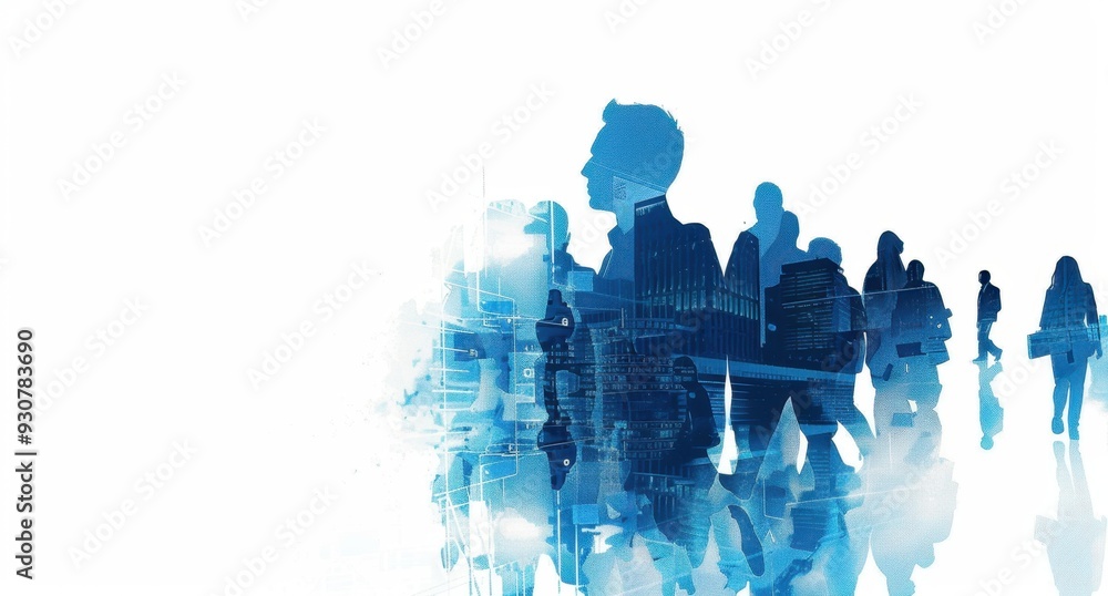 Poster a double exposure illustration of business people in silhouette with digital elements, representing 