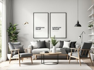 3d rendering of a framed mockup in a living room with Scandinavian style chairs and decorations