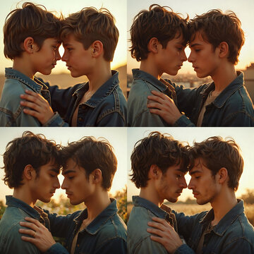 Bildfolge Entwicklung von zwei verliebten Jungen, die zu M&auml;nnern werden, stehen sich gegen&uuml;ber, Stirn an Stirn, Partnerschaft, Liebe, Homosexualit&auml;t, gleichgeschlechtlich, LGBTQ, verliebt