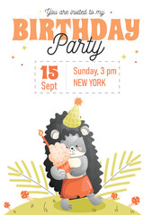 Childrens birthday invitation with a cute hedgehog carrying a festive cake on a white background. Vector