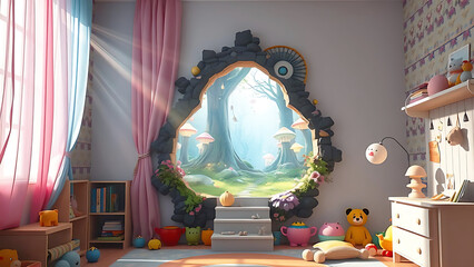 Fototapeta premium fantasievolles Zimmer Kinderzimmer mit einer leuchtenden Öffnung aus Wurzeln Zweigen eines Baumes mit Blick in einen natürlich magischen Wald wie eine andere Dimension kindlicher Fantasie lebendig 