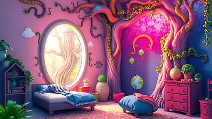 fantasievolles Zimmer Kinderzimmer mit einer leuchtenden Öffnung aus Wurzeln Zweigen eines Baumes mit Blick in einen natürlich magischen Wald wie eine andere Dimension kindlicher Fantasie lebendig 