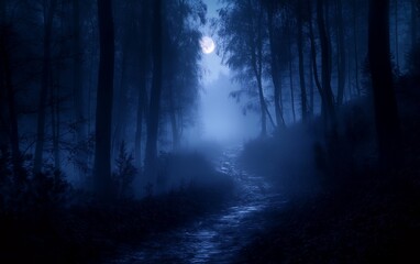 Fototapeta premium A misty forest path illuminated by moonlight, creating a mysterious and serene atmosphere.