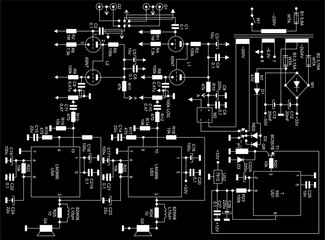 Technical schematic diagram of analog electronic device.
Vector drawing electrical circuit with voltage stabilizer,
capacitor, resistor, diode, integrated circuit, lamp, 
speaker, other components.