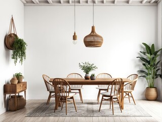 interior 3d rendering of boho style with wooden table and chairs and white walls