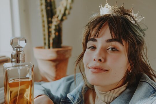 Woman in a crown. perfume bottle. gift. influencer. birthday. holiday. women's happiness