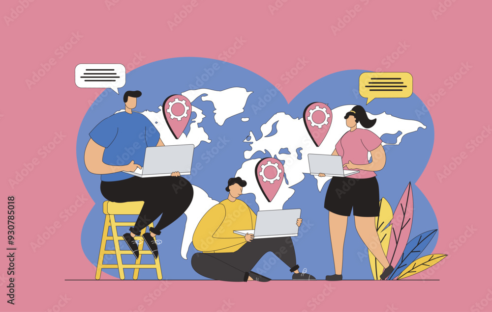 Aufkleber Outsourcing company concept with modern flat design for web. Employees working remotely in team, freelancers team doing tasks at laptops online, cooperating and networking. Vector illustration.