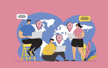 Outsourcing company concept with modern flat design for web. Employees working remotely in team, freelancers team doing tasks at laptops online, cooperating and networking. Vector illustration.