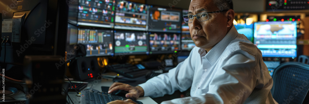 Poster a skilled operator is focused on multiple screens while working in a broadcast control room