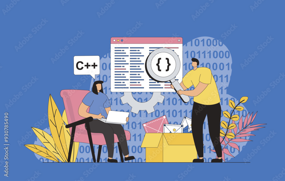 Aufkleber Programming software concept with modern flat design for web. Developers working with code on screens, creating new program products and software, searching and optimizating apps. Vector illustration.