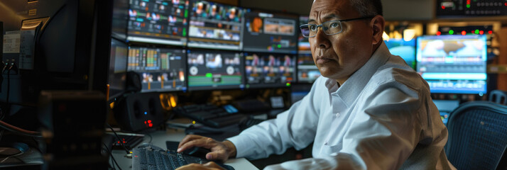 A skilled operator is focused on multiple screens while working in a broadcast control room
